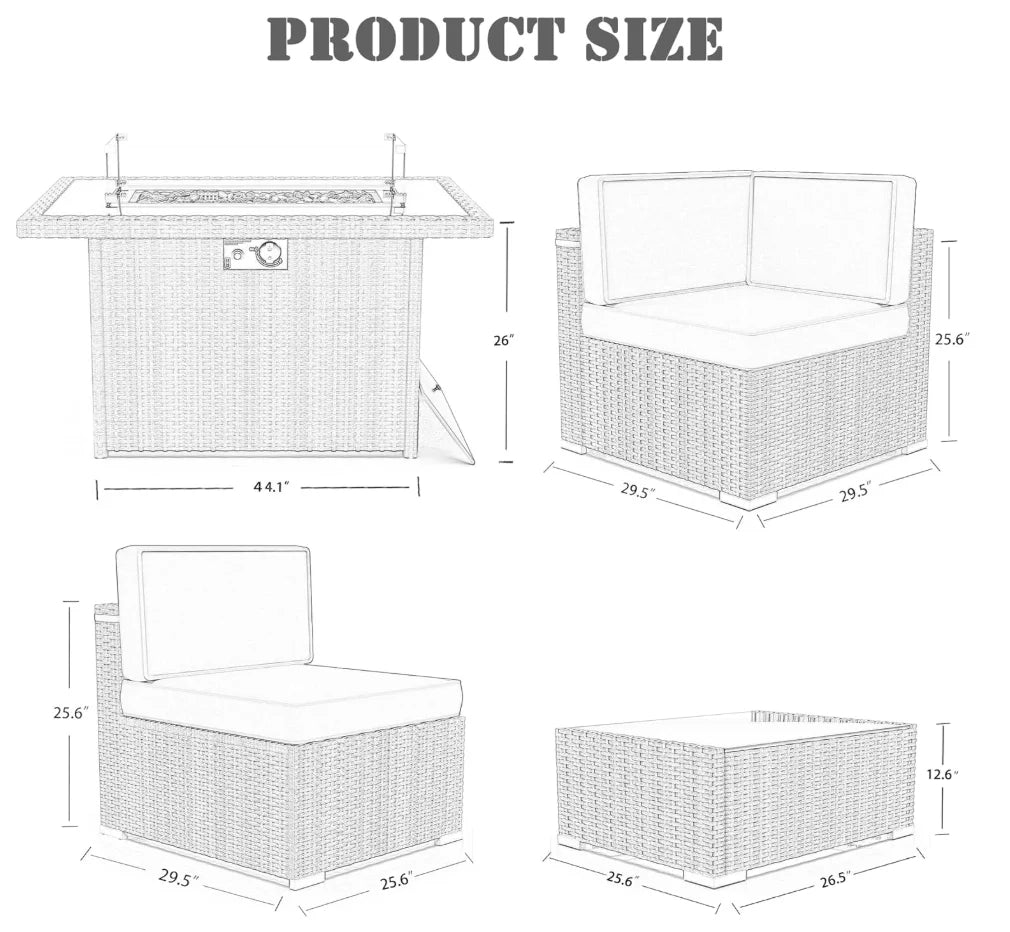 8 Piece Patio Set With 44 Inch Propane Fire Pit Table Wicker Sectional Sofa