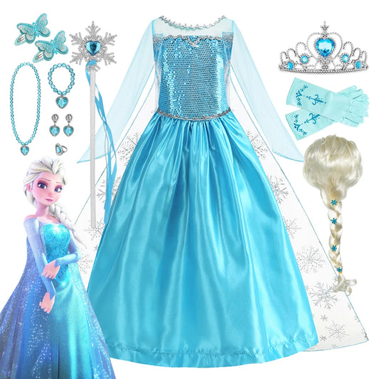 Disney Frozen Elsa Snow Queen Princess Dress Girls Costume Halloween Kids Role-play Carnival Children Birthday Party Dress