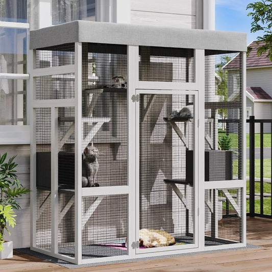 62.6" Spacious Wooden Catio Outdoor Enclosure with Waterproof Canopy, Secure House for Pets, Catio Outdoor Cat Cage Shelter, Gre