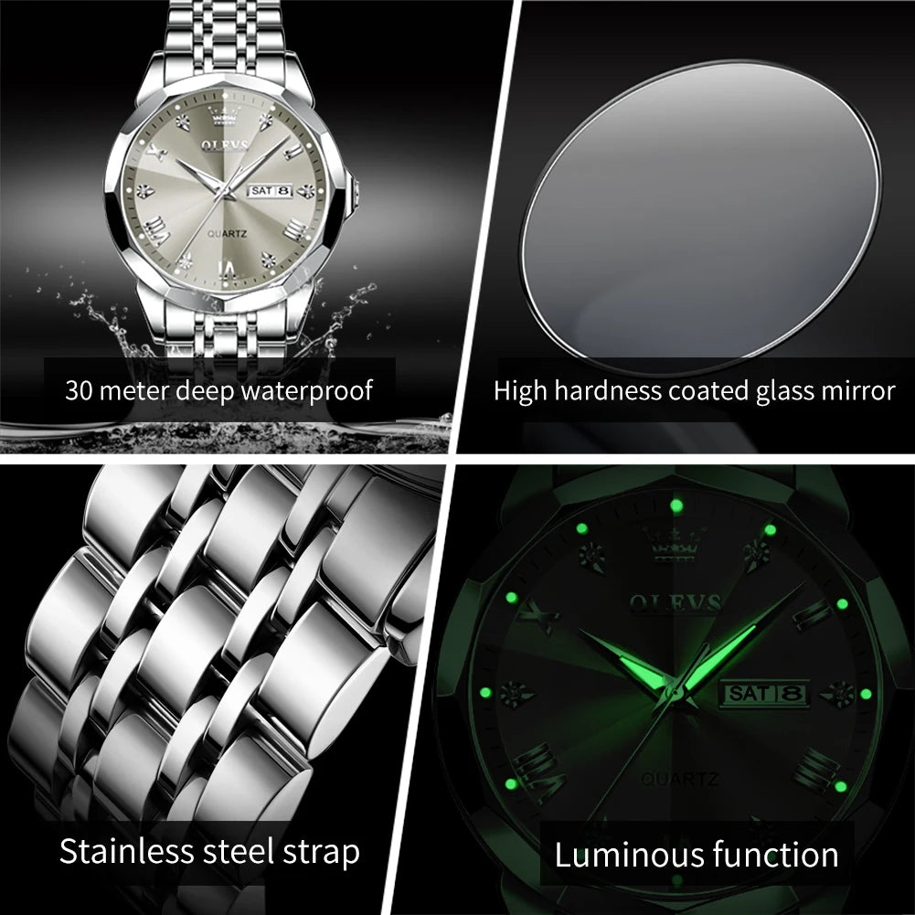 OLEVS Mens Quartz Watch Waterproof Stainless Steel Luminous Dial Date Week Dress
