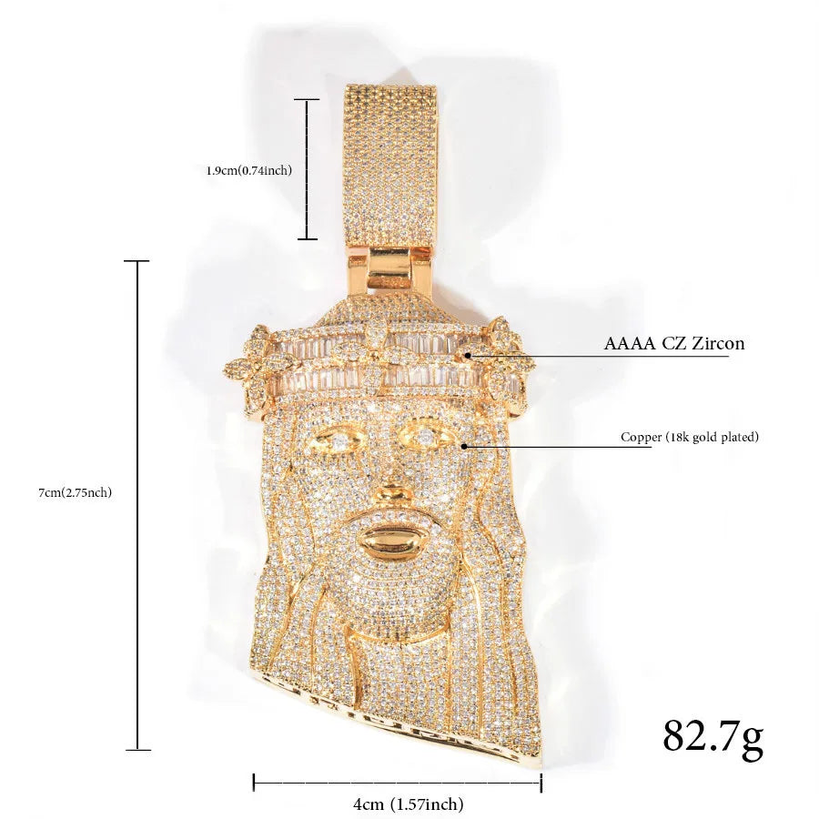 CUC Baguette Zircon Jesus Head Pendant HipHop Necklace Chain