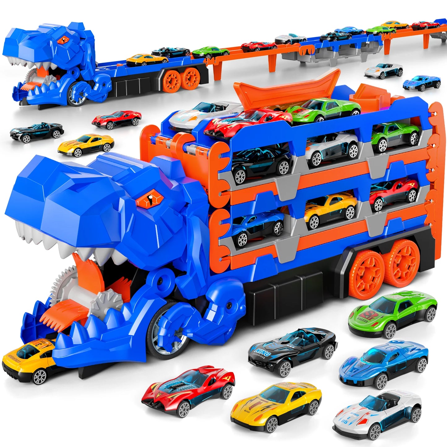 59IN Foldable Dinosaur Transport Truck with 12 Cars Gift