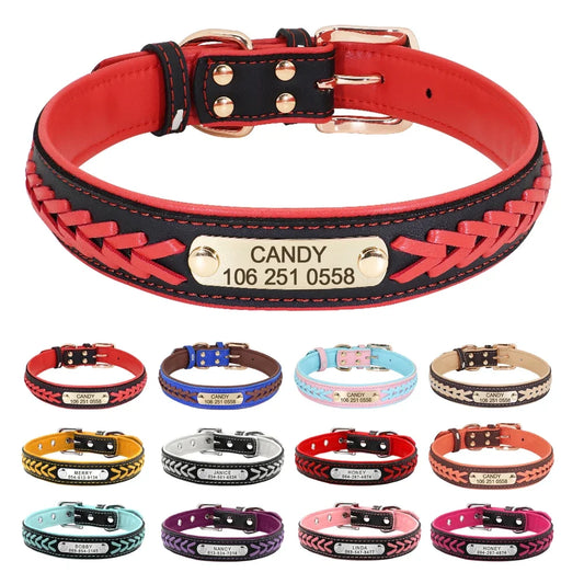 Personalized Dog Collar Leather Padded Braided Collars Free Engraving Pet ID Tag for Small Medium Large Dogs