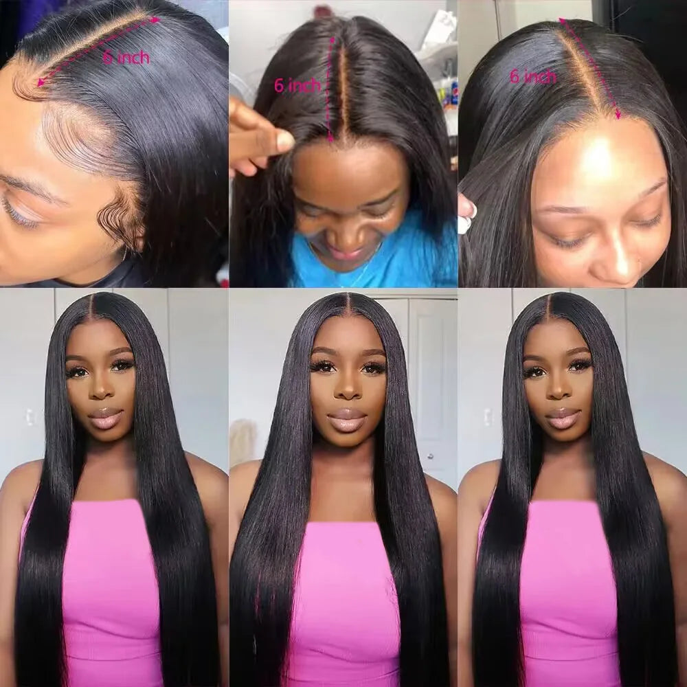 Queenlike Straight Human Hair Bundles With 2x6 Deep Middle Part HD Lace Closure Natural Color Brazilian 12A Raw Hair