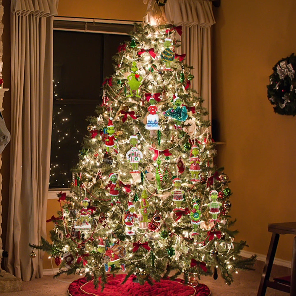 18Pcs 2D Acrylic Green Monster Christmas Tree Ornaments Cute Cartoon Pendants Decorations