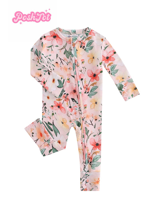 POSHTOT Pink Flowers Pattern Fiber Baby Long Sleeve Romper