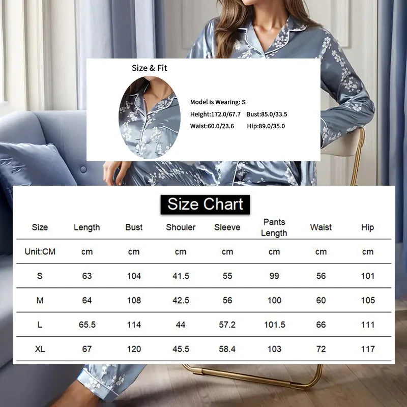 Women Satin Pajama Set Long Sleeve Button Up Nightwear Loungewear