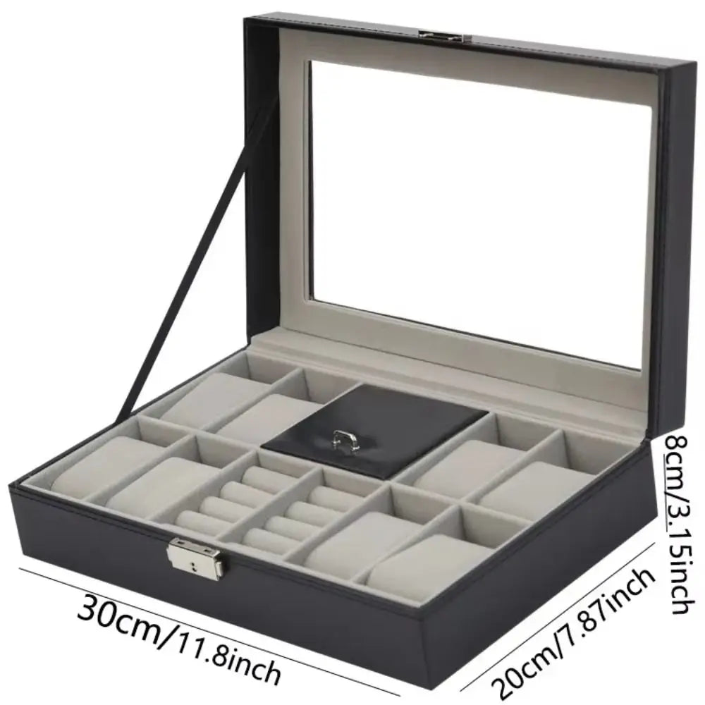High Quality PU Leather Watch Storage Organizer Box Large Capacity Transparent Lid Jewelry Display Box