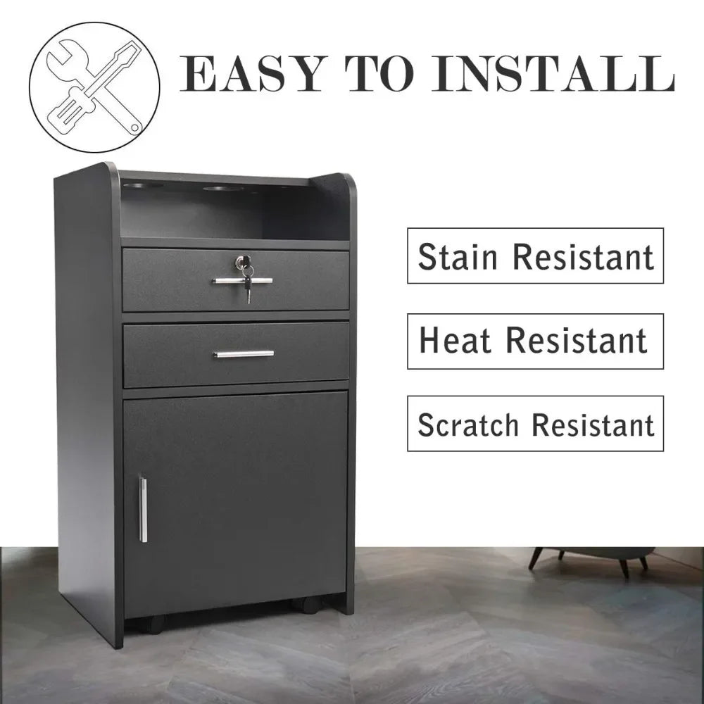 Beauty Salon/Barber Storage Cabinet Station with Locking Drawer and 4 Wheels, Hair Stylist Station with 2 Hair Dryer Holders