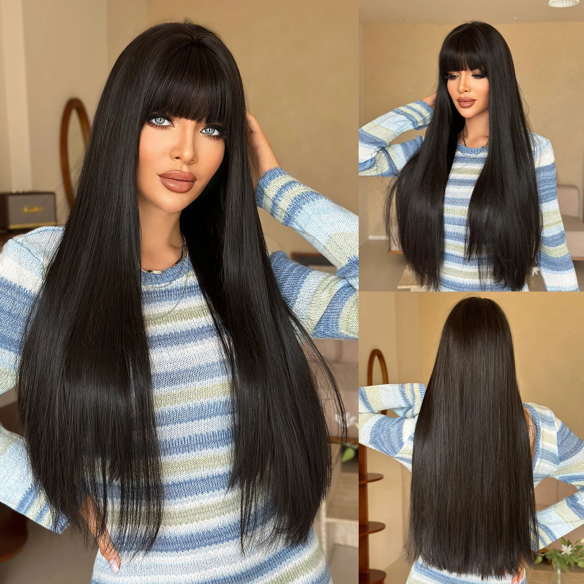 NAMM Synthetic Long Straight Blonde Wig Dark Roots Bangs 26 Inch 150 Density