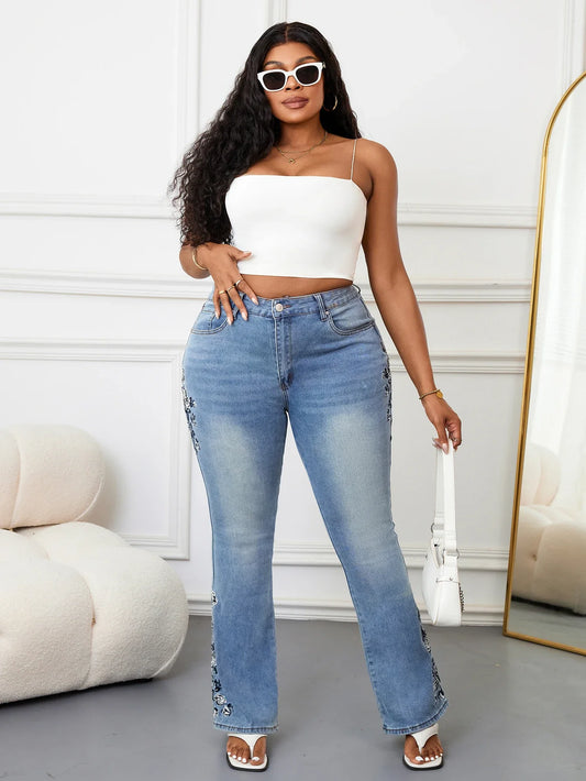 Plus Size Vintage Straight Leg Denim Jeans High Rise Blue