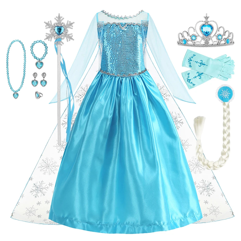 Disney Frozen Elsa Snow Queen Princess Dress Girls Costume Halloween Kids Role-play Carnival Children Birthday Party Dress