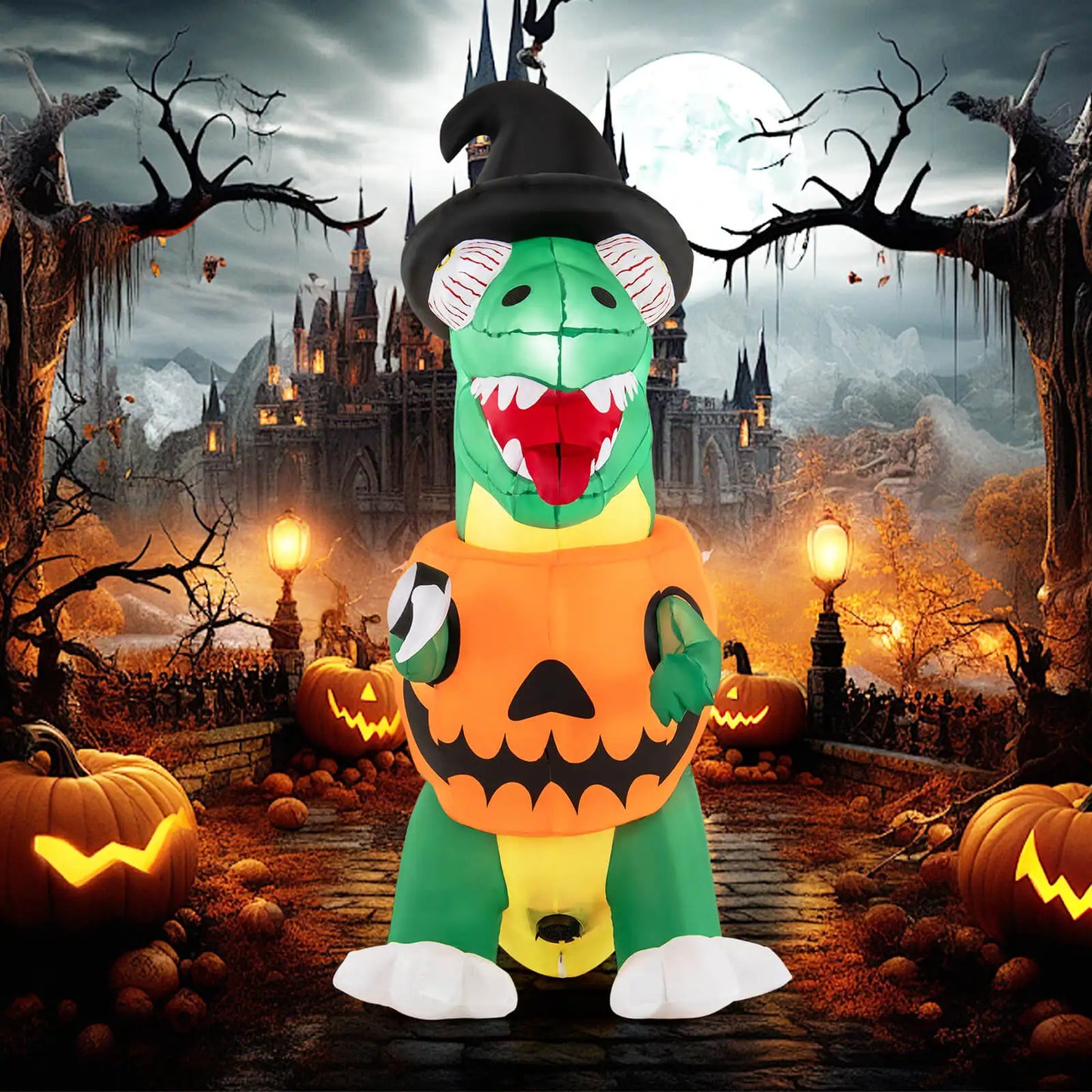 6 Ft Inflatable Pumpkin Dinosaur With LED Lights Witch Hat