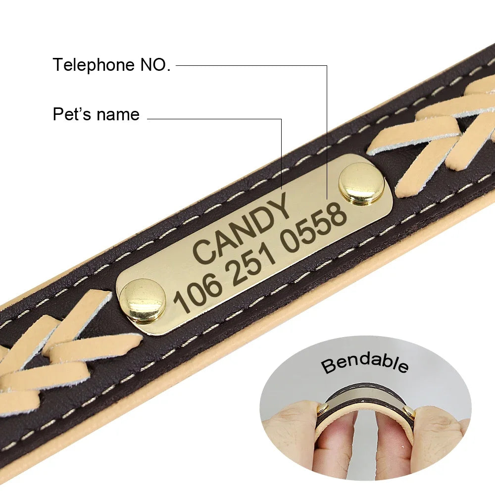 Personalized Dog Collar Leather Padded Braided Collars Free Engraving Pet ID Tag for Small Medium Large Dogs