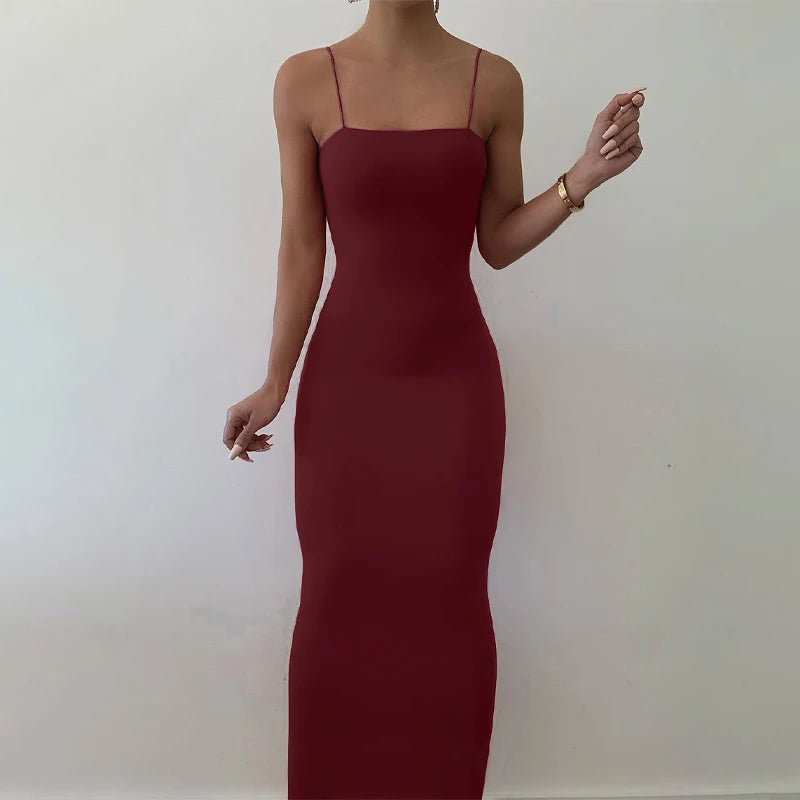 Womens Sexy Solid Color Bodycon Dress Spaghetti Strap