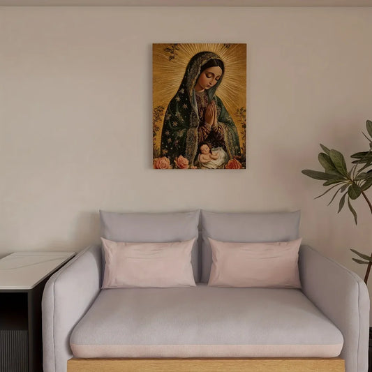 1 wood frame canvas painting, Our Lady of Guadalupe, for bedroom, living room, home office, 1.5 "thick pine frame