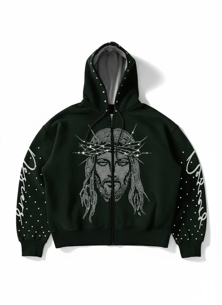 Loose Hoodie With 3D Diamond Pattern Mens Zip Up Street Style Polyester Casual