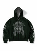Loose Hoodie With 3D Diamond Pattern Mens Zip Up Street Style Polyester Casual