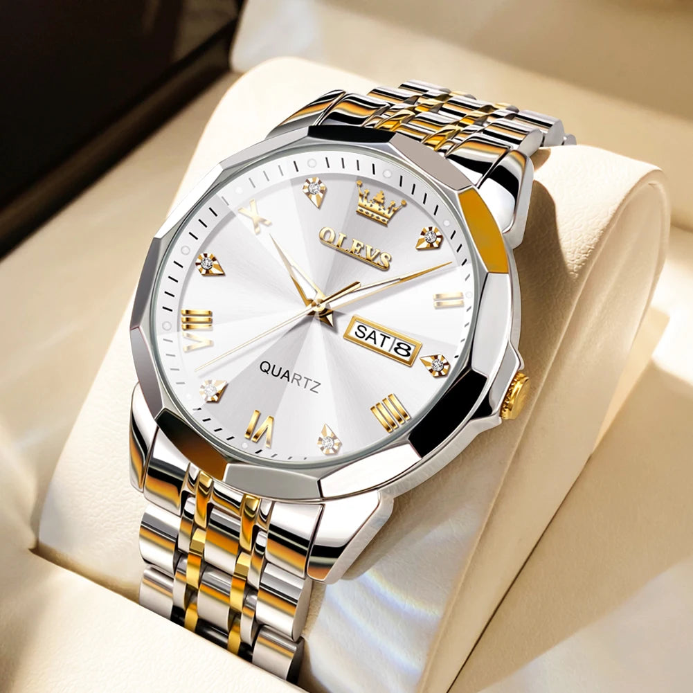 OLEVS Mens Quartz Watch Waterproof Stainless Steel Luminous Dial Date Week Dress