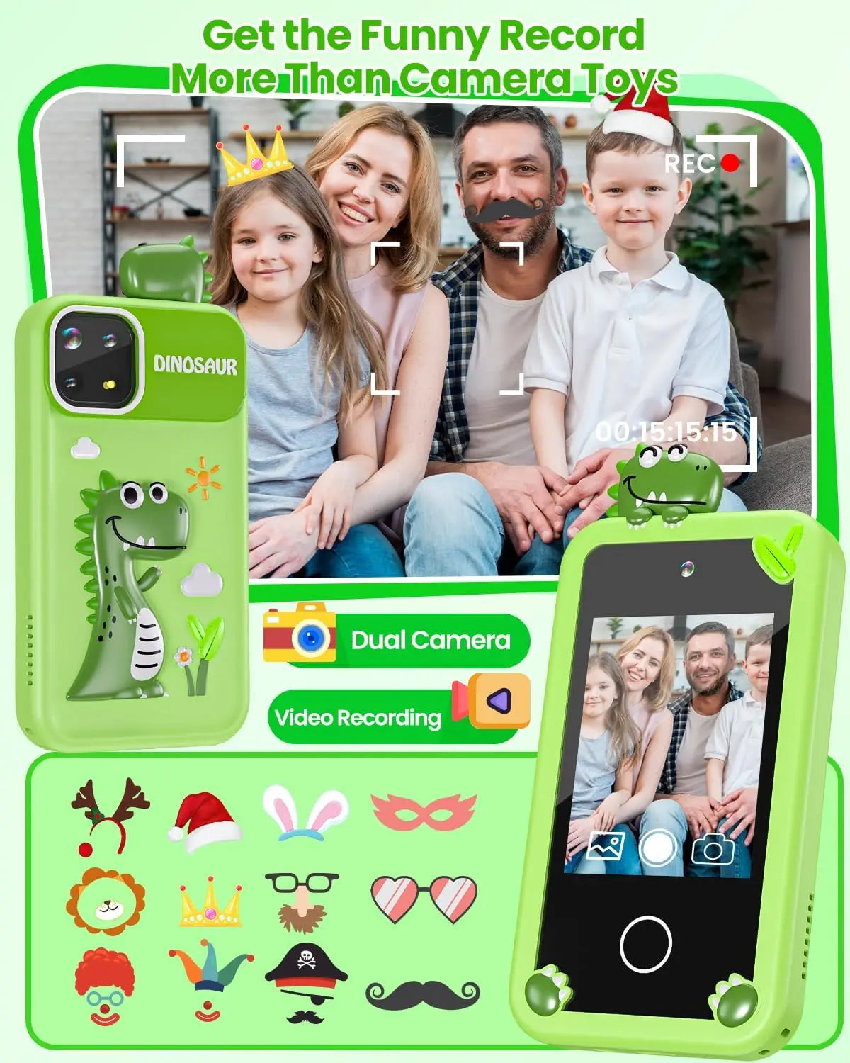 Kids Girl Smartphone with 32G Card Touch Screen Toy Green Dinosaur