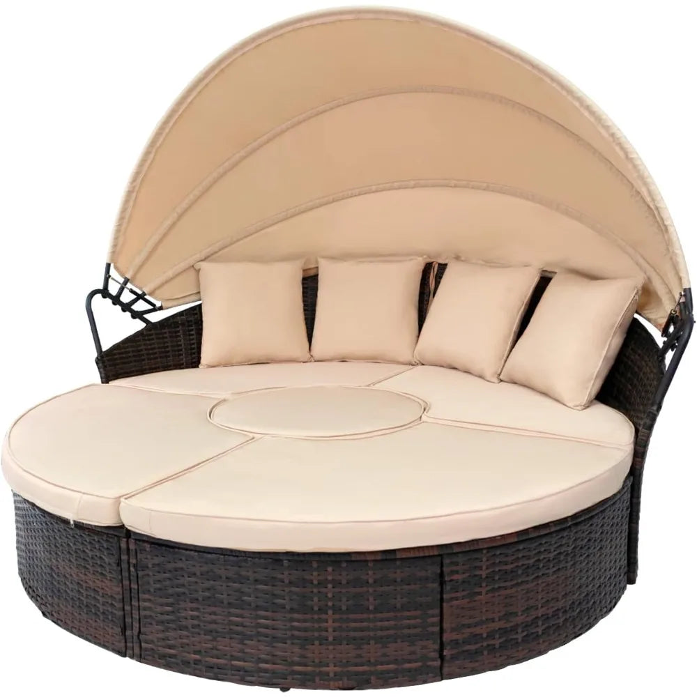 DAFIFY Outdoor Daybed Set With Retractable Canopy Wicker Rattan 5 Pieces