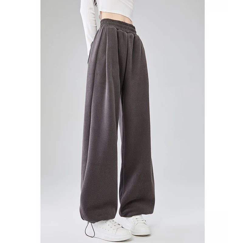 Girls High Waist Trousers Drawstring Baggy Straight Leg