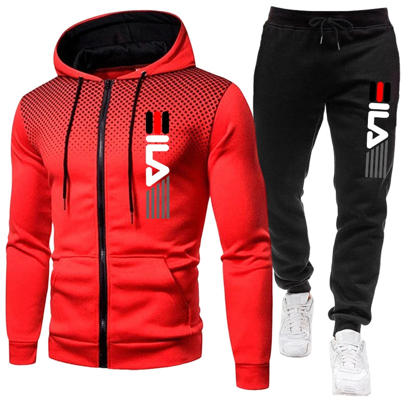 Mens Zipper Hoodie Tracksuit Set With Joggers Autumn Winter Sportswear
