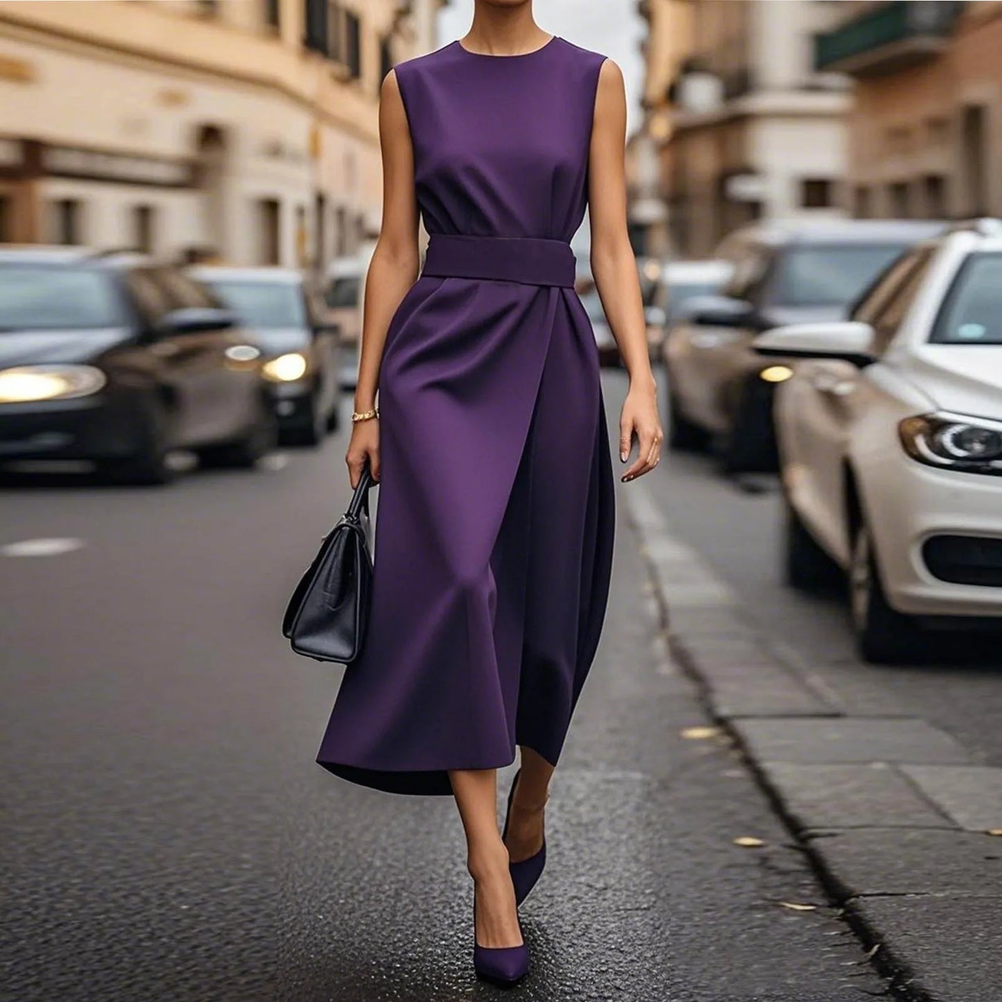 Plus Size Womens Zipper Sleeveless Round Neck Dress Belt