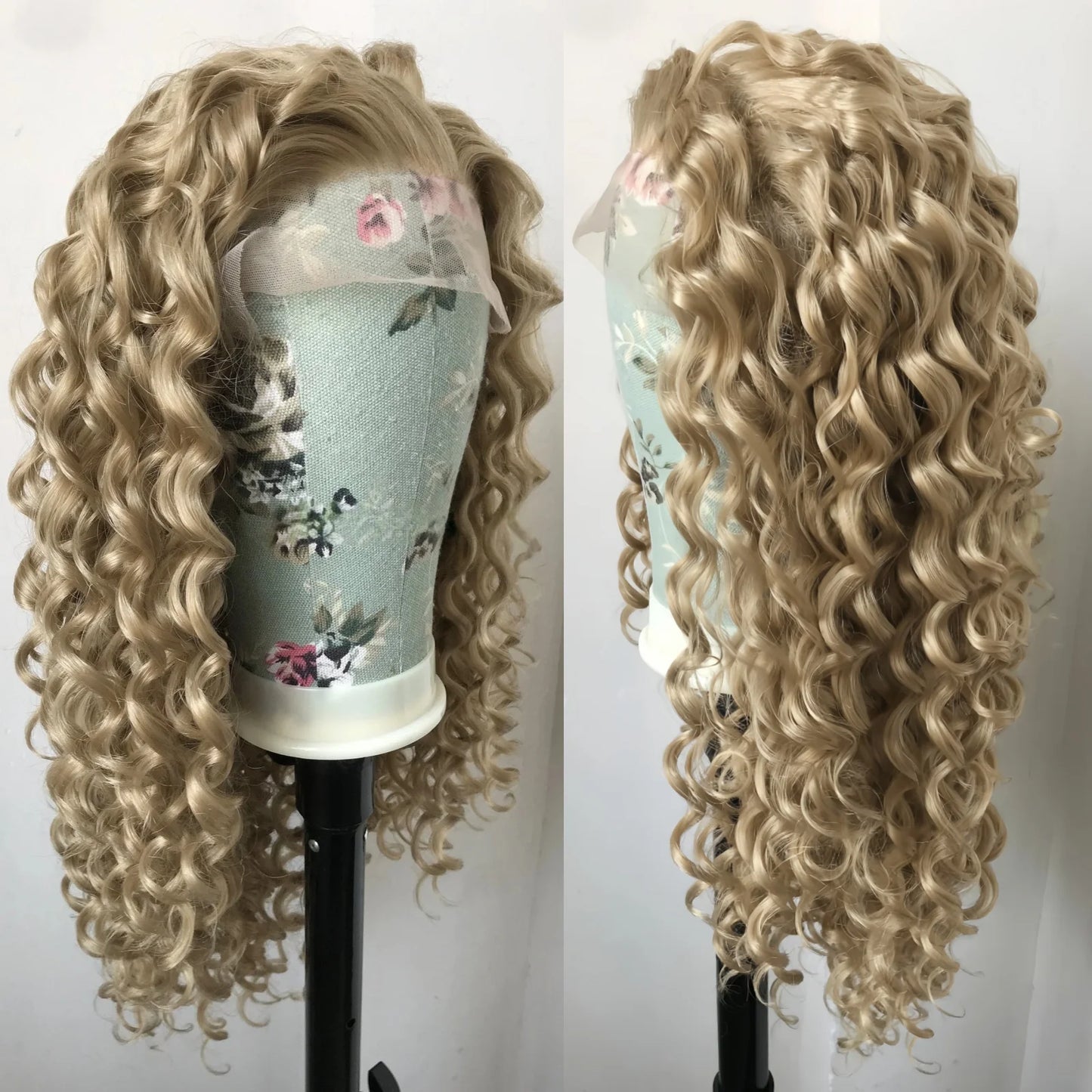 Ash Dirty Blonde Deep Curly Synthetic Lace Front Wig 13x4 Glueless Pre Plucked