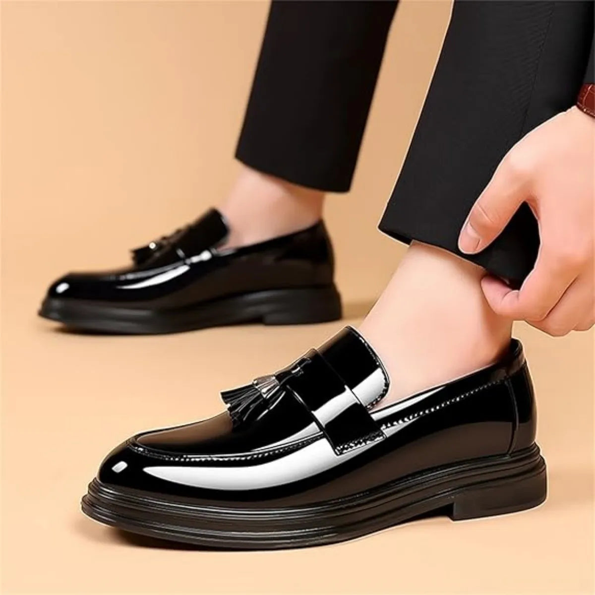 Men's Tassel Loafers Patent Leather High Gloss Slip On Dress Shoes