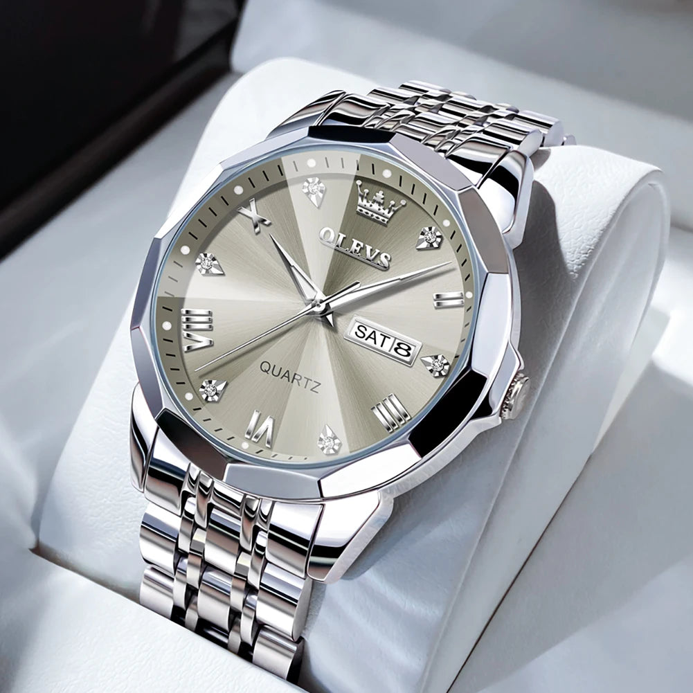 OLEVS Men's Casual Stainless Steel Quartz Watch Waterproof Luminous Date Week