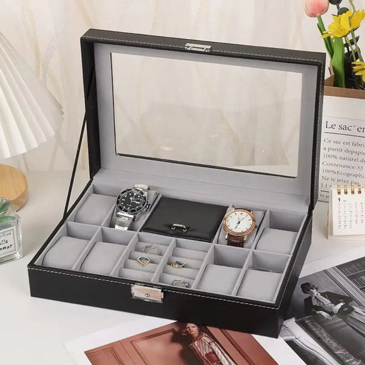 High Quality PU Leather Watch Storage Organizer Box Large Capacity Transparent Lid Jewelry Display Box