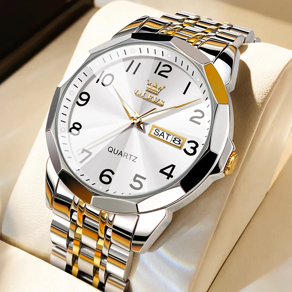 OLEVS Mens Quartz Watch Waterproof Stainless Steel Luminous Dial Date Week Dress