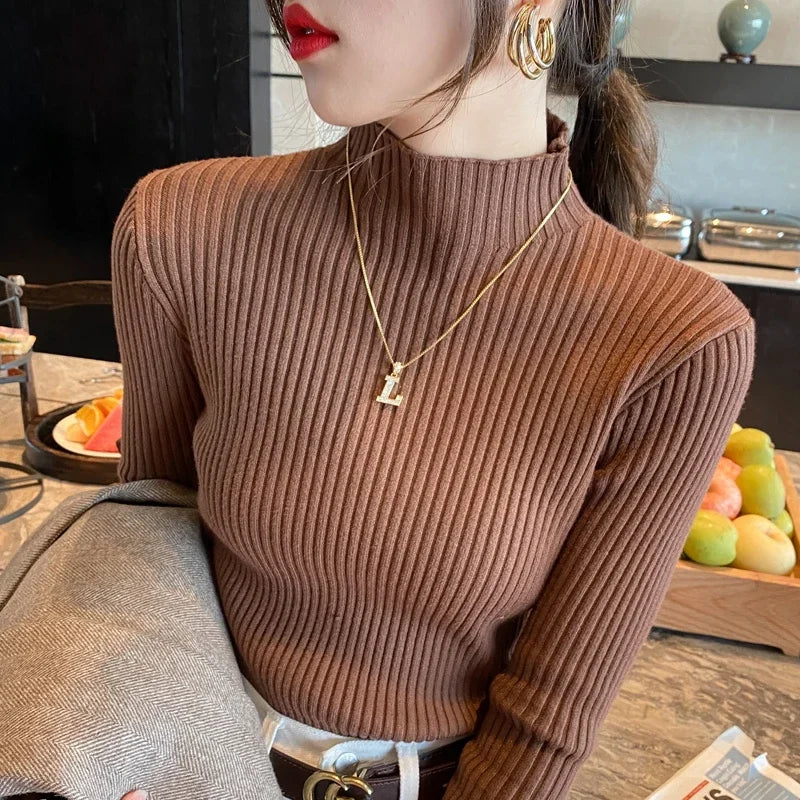 Winter Mock Neck Long Sleeve Knit Sweater For Women Slim Fit