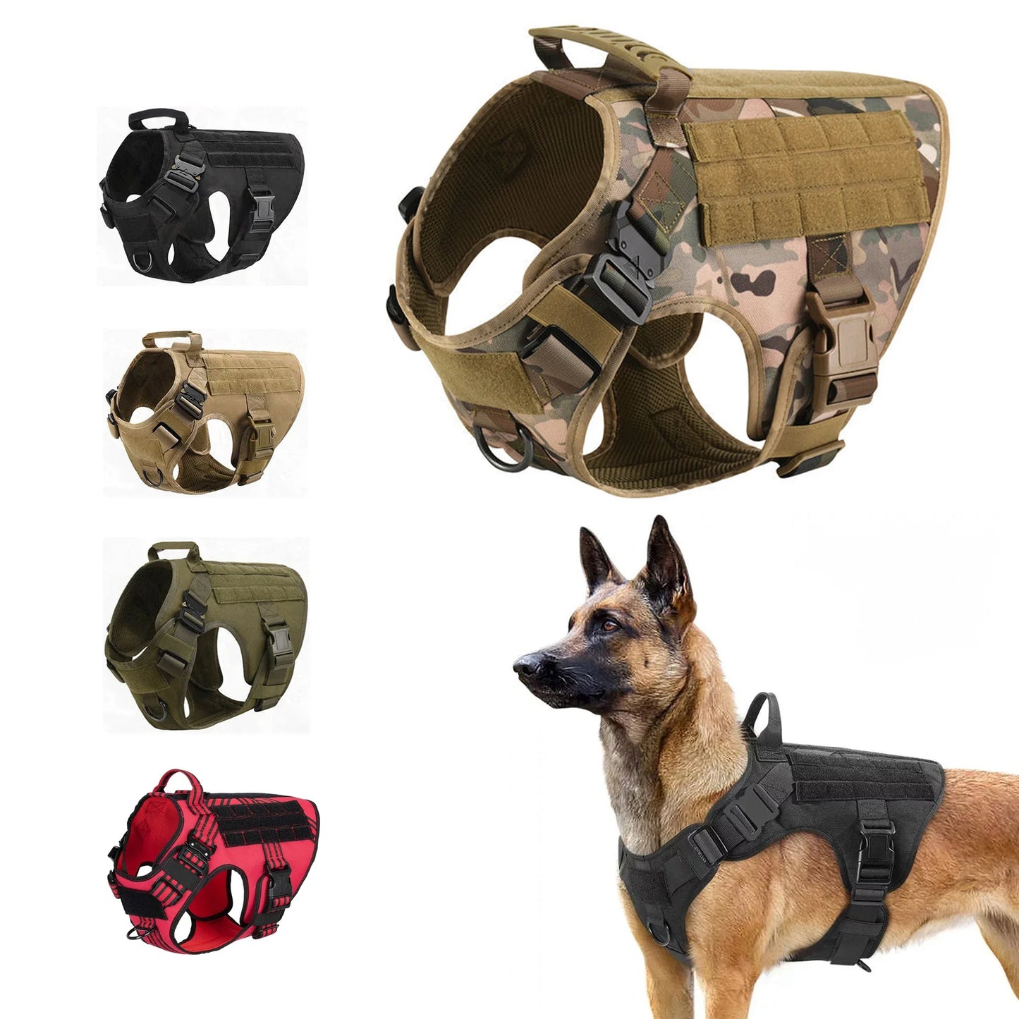 Tactical Dog Harness Leash Metal Buckle MOLLE Vest K9 Training