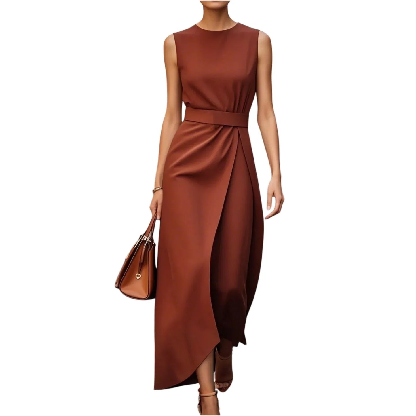 Plus Size Womens Zipper Sleeveless Round Neck Dress Belt