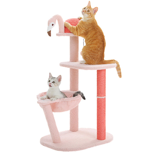 Multi-Level Flamingo Cat Tree with Scratching Posts, Hammock, Perch, Cute Cat Tower, Indoor Pink Cat Scratcher, Kittens Toys