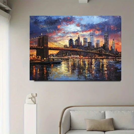 1 framed modern canvas print poster, cityscape New York City skyline canvas wall art, 1.5 "thick pine solid wood frame