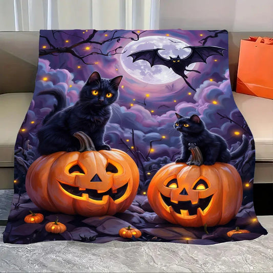 Halloween Pumpkin Cats And Bat Cozy Flannel Baby Blanket