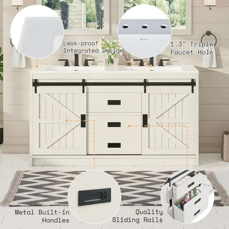 61 Inch Farmhouse Double Bathroom Vanity With Sink Dual Basin Sliding Barn Doors