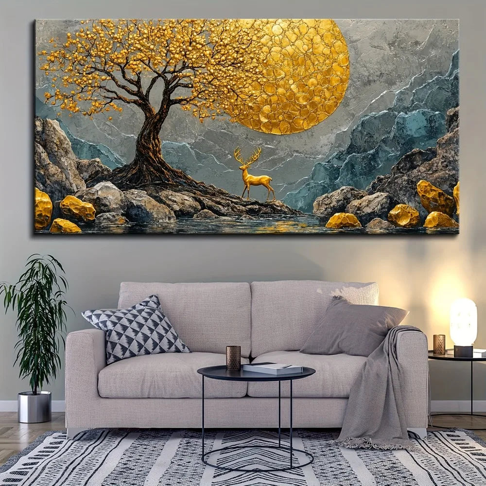 1.5 inch thick pine solid wood frame, living room and bedroom abstract yellow tree stone painting, deer natural print home decor