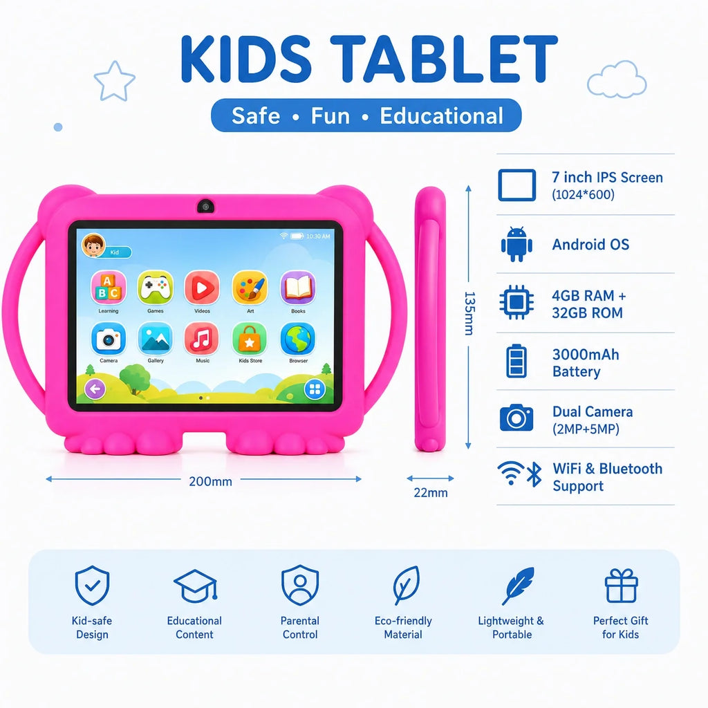 7 Inch Kids Tablet Parental Control Shockproof Case Android 14 2GB RAM 32GB GMS