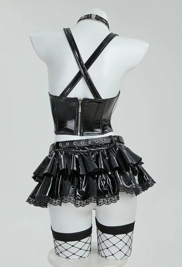 MEOWCOS Misa Gothic Black Lingerie Set Cami Top and Mini Skirt with Sleeves and Necklace Cosplay Costume for Halloween