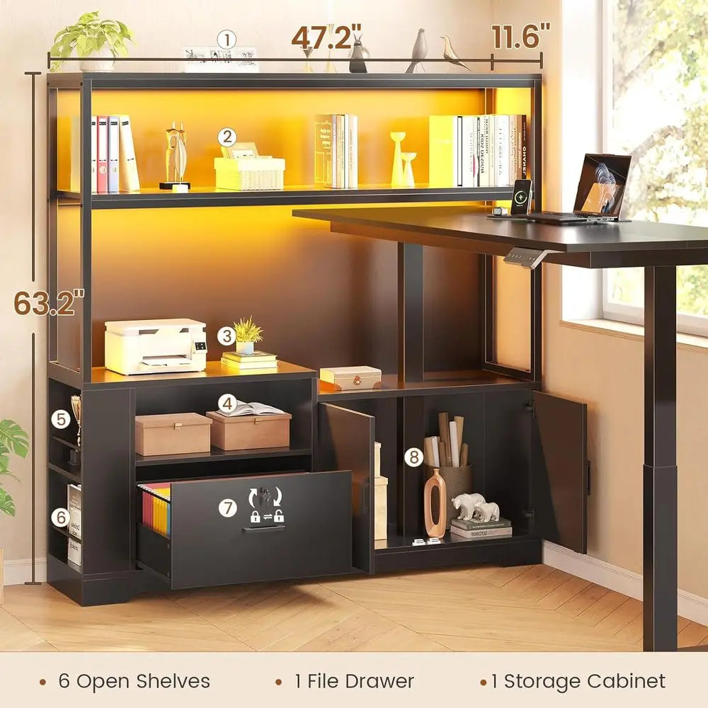 Corner L Shaped Standing Desk With Drawers Hutch LED Lights Power Outlets