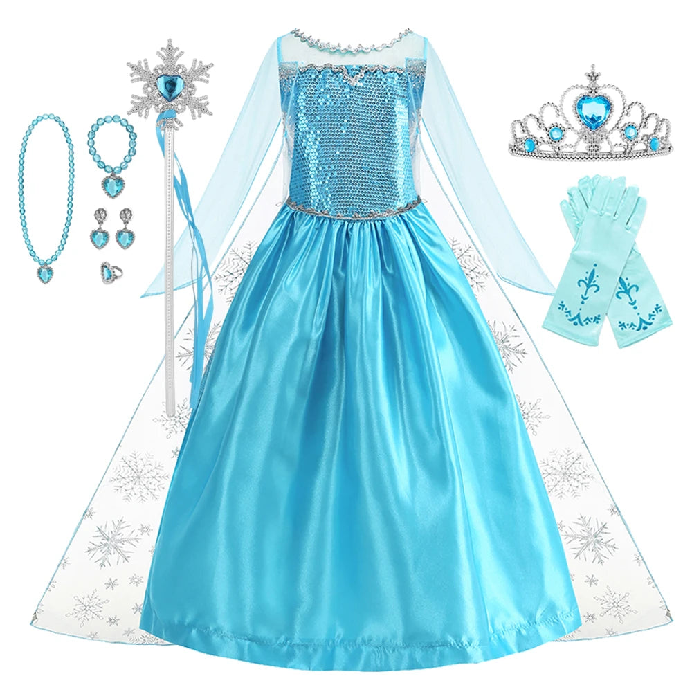 Disney Frozen Elsa Snow Queen Princess Dress Girls Costume Halloween Kids Role-play Carnival Children Birthday Party Dress