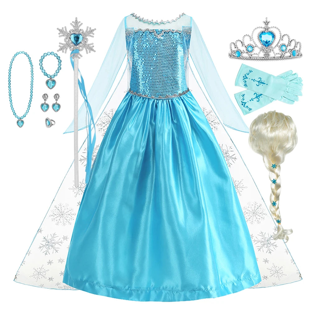 Disney Frozen Elsa Snow Queen Princess Dress Girls Costume Halloween Kids Role-play Carnival Children Birthday Party Dress