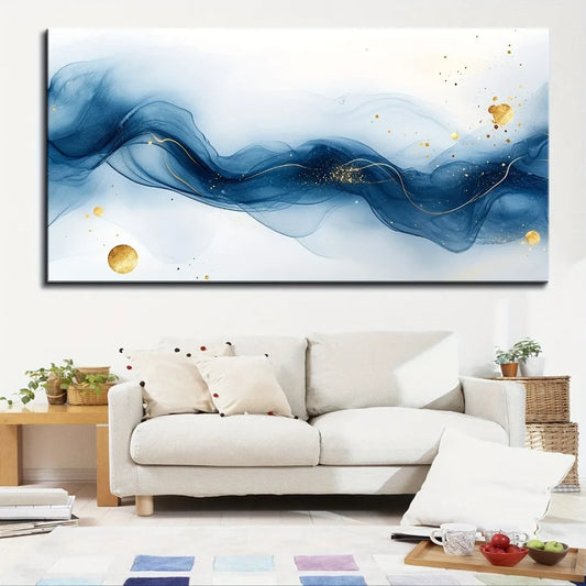 1.5 inch thick pine solid wood frame, living room wall art, large abstract gold and blue gradient painting, interior decoration