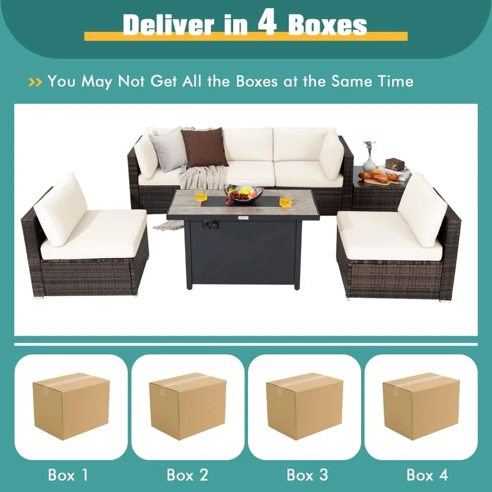 7 Piece Patio Set With Fire Pit Table 42 Inch 60,000 BTU Propane