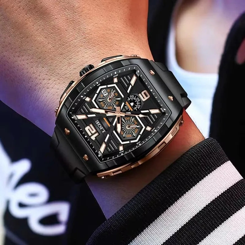 LIGE Men Waterproof Quartz Watch Silicone Band Luminous Dial 50mm Case