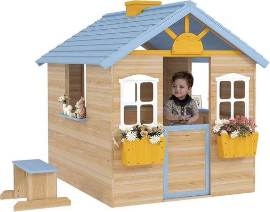 Wooden Playhouse for Kids Outdoor Garden Pretend Play Cottage with Working Door Windows Bench and Service